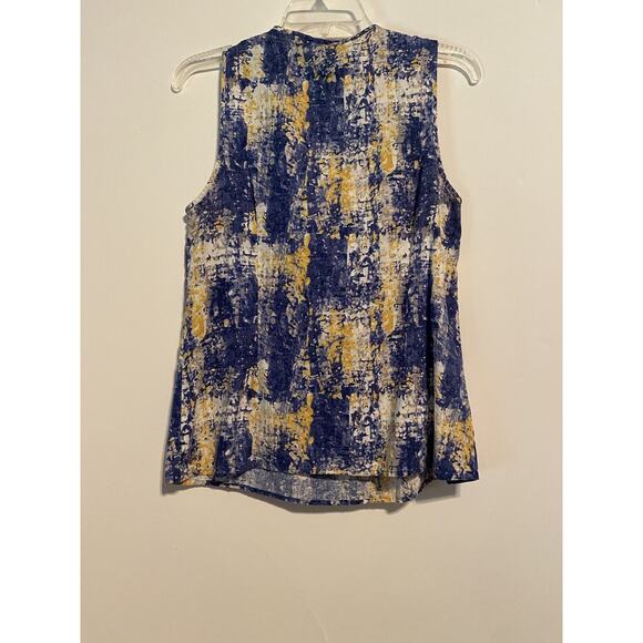 Elena Solano Sleeveless Linen Rayon Large Blouse Ruffle Front Blue Yellow - Picture 5 of 9